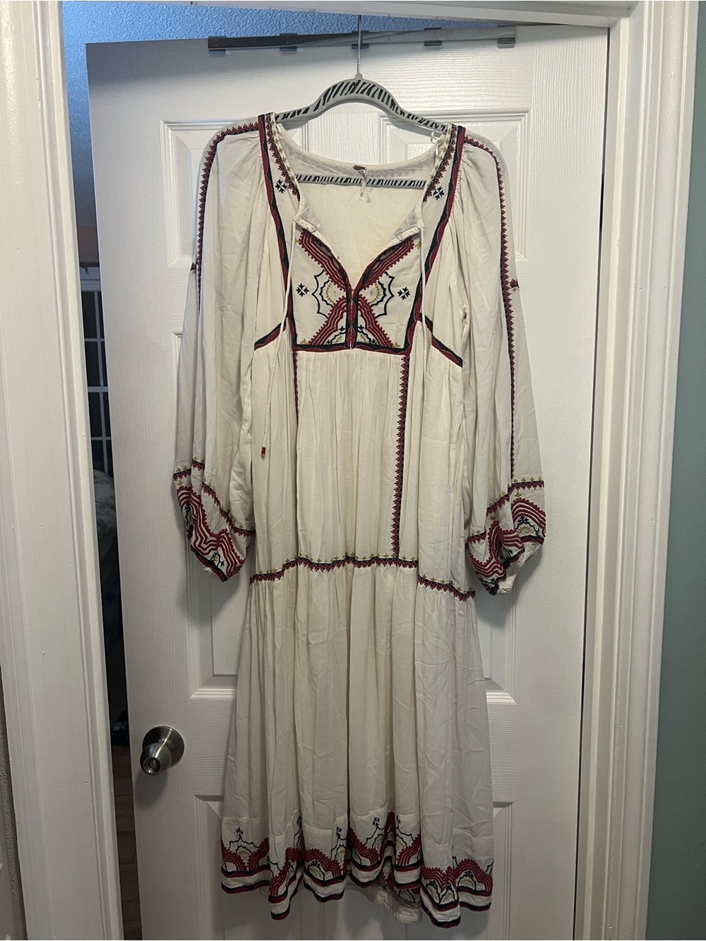 Free People Cream Midi Dress with Red Embroidery size xs